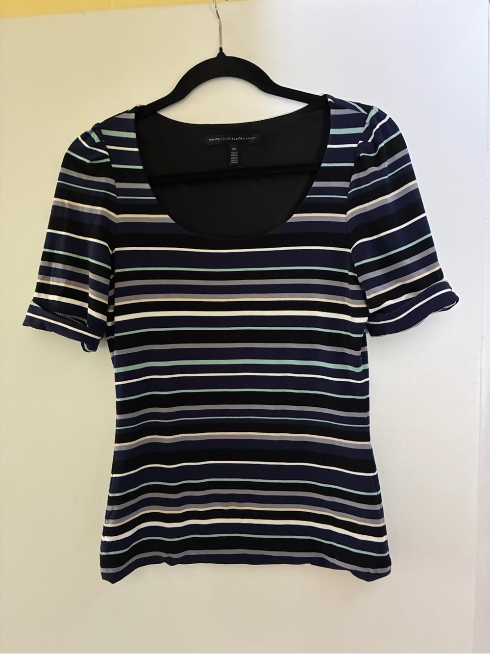 White House Black Market Navy and White Striped Scoop Neck Tee